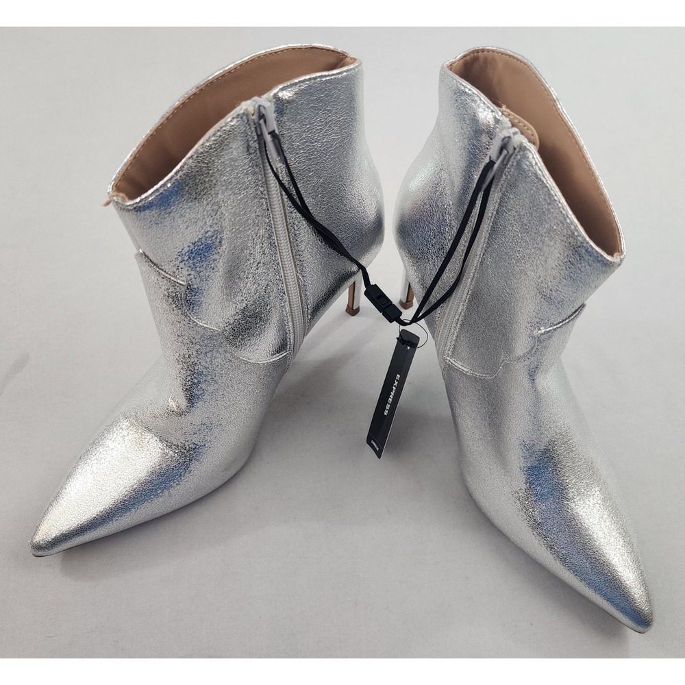 Express Womens Silver Metallic Pointed Toe Stiletto Ankle Booties 8 46450289